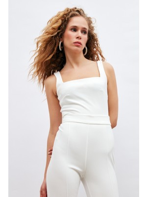 Sateen Kare Yaka Crop Bluz - Ekru