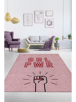 Homshtag Grl Pwr Pamuklu Dokuma Tabanlı Yıkanabilir Dekoratif Halı
