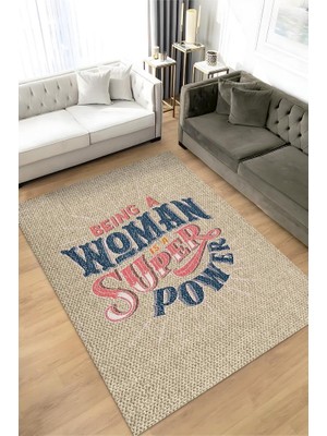 Homshtag Hasır Görünümlü Kadının Gücü Dekoratif Halı,Kadınlar Günü Hediyesi Pamuklu Yıkanabilir Halı