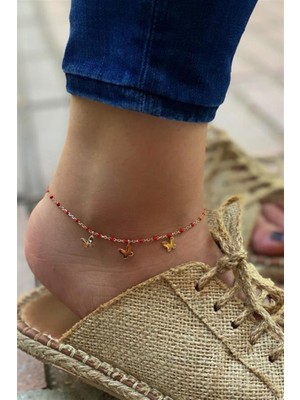 Pier Gümüş Kırmızı Kelebek Gümüş Halhal