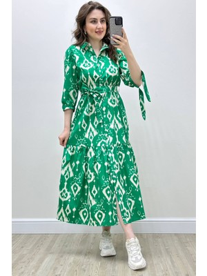 Mazi Butik Yarım Kol Baskılı Poplin Elbise Yeşil
