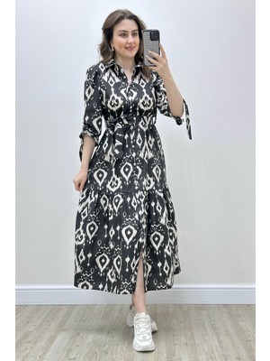 Mazi Butik Yarım Kol Baskılı Poplin Elbise Siyah