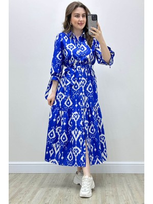 Mazi Butik Yarım Kol Baskılı Poplin Elbise Saks Mavi