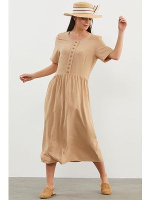 Sementa Geniş Beden Belden Büzgülü Krep Elbise - Bej