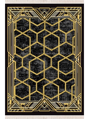 Modern Home Modern Gold Geometrik Desenli  Dijital Baskı Antibakteriyel Halı Yolluk