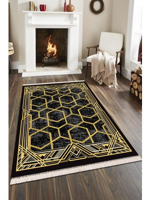 Modern Home Modern Gold Geometrik Desenli  Dijital Baskı Antibakteriyel Halı Yolluk