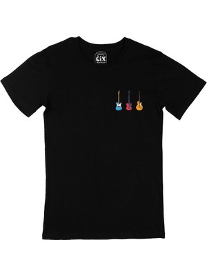 Rock Gitar Tasarımlı Cep Tasarım Baskılı Siyah Tişört