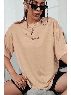 Natural Camel Oversize Salas Boyfriend Kadın T-Shirt