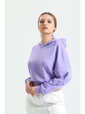 Pulur.co Lila Kapüşonlu Crop Sweatshirt