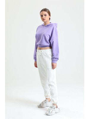 Pulur.co Lila Kapüşonlu Crop Sweatshirt