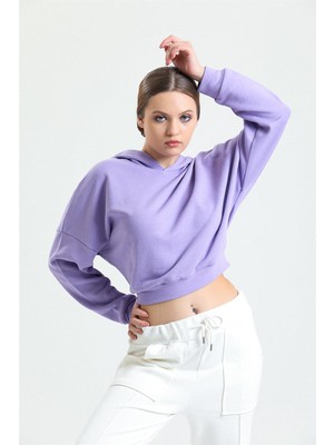 Pulur.co Lila Kapüşonlu Crop Sweatshirt