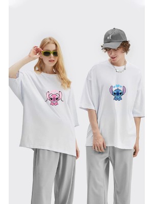 Unisex Kadın Erkek Lilo ve Angel Stitch Baskılı Sevgili Çift Kombini Tasarım Oversize T-Shirt 2'li Set
