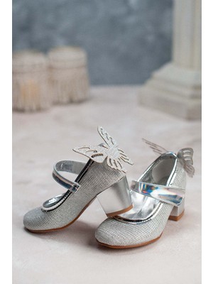 Mini Women Kız Çocuk Topuklu Ayakkabı Kelebek Detaylı Gümüş