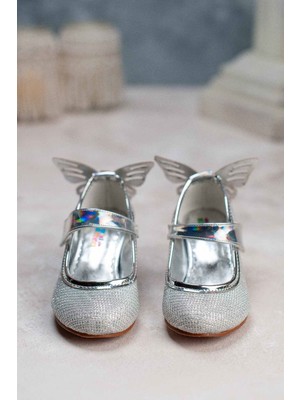 Mini Women Kız Çocuk Topuklu Ayakkabı Kelebek Detaylı Gümüş