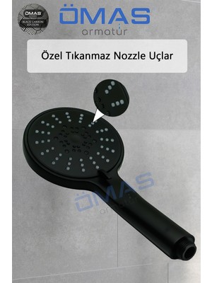 Ömas Otomasyon 5 Fonksiyonlu Mat Siyah Geniş Yüzey Duş Başlığı Duş Başlığı