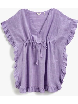 Koton Dokulu Kimono V Yaka Beli Büzgülü Kolları Fırfırlı Püskül Detaylı