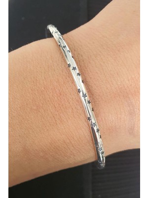 Yıldız Detaylı 925ayar Gümüş Tasarım Ayarlanabilir Kelepçe Bileklik