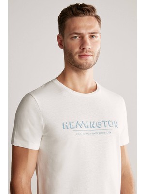 Hemington Baskılı Keten Pamuk Karışımlı Beyaz T-Shirt