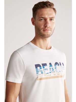 Beach Baskılı Beyaz Pima Pamuk T-Shirt