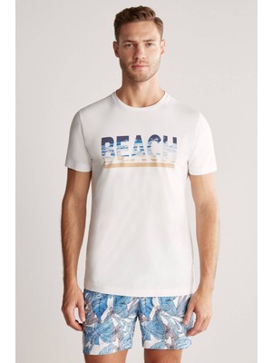 Beach Baskılı Beyaz Pima Pamuk T-Shirt