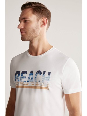 Beach Baskılı Beyaz Pima Pamuk T-Shirt