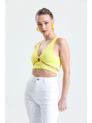 Sassy Kadın Sarı Dekolteli Crop Bluz