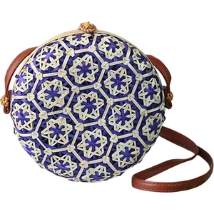 Crossbody Çanta Kadınlar Lady Yuvarlak Bambu Yaz Dokuma Plaj Omuz Çantası Koyu Mavi (Yurt Dışından)
