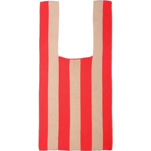 Şerit Desen Yumuşak Örgü Omuz Çantası Alışveriş Tote Bayan Açık El Çantası Kırmızı Haki (Yurt Dışından)