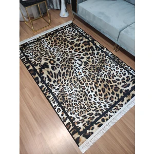 Modern Home Leopar Desenli Çerçeveli Saçaklı Dijital Baskı Kaymaz Taban Makinada Yıkanabilir Halı Yolluk