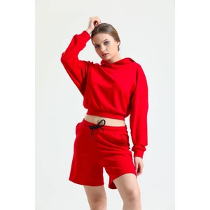 Kırmızı Kapüşonlu Crop Sweatshirt