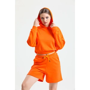 Turuncu Kapüşonlu Crop Sweatshirt