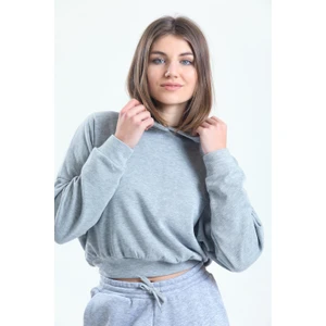 Gri Melanj Kapüşonlu Crop Sweatshirt