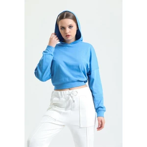Mavi Kapüşonlu Crop Sweatshirt
