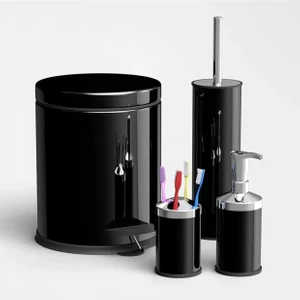 4'lü Banyo Seti Siyah Pedallı Çöp Kovası Tuvalet Fırçası Sabunluk Diş Fırçalık