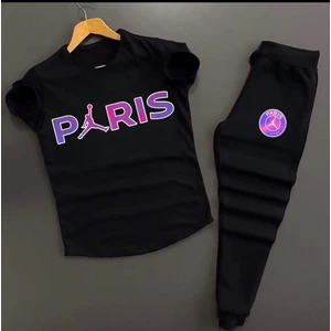 New Cabin Unisex Siyah Paris Baskılı Slim Fit Tişört- Siyah Dar Kesim Eşofman Altı Kombin Alt Üst Takım 2'li