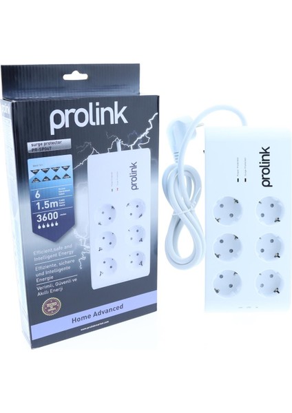 PR-SP06T 6'lı Akım Korumalı Priz 3600J 1.5mt