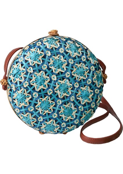 Crossbody Çanta Kadınlar Lady Yuvarlak Bambu Yaz Dokuma Plaj Omuz Çantası Mavi (Yurt Dışından)