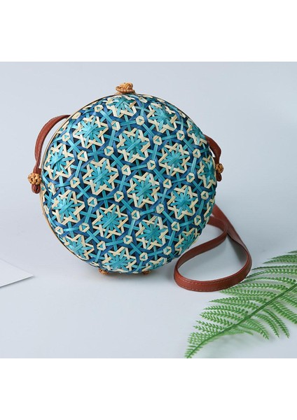 Crossbody Çanta Kadınlar Lady Yuvarlak Bambu Yaz Dokuma Plaj Omuz Çantası Mavi (Yurt Dışından) fiyatları