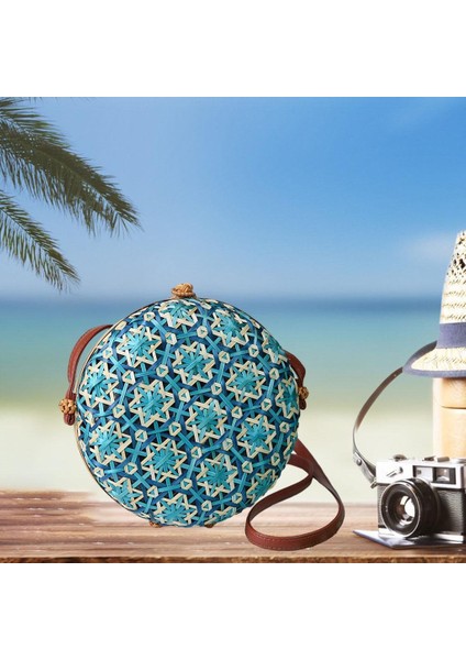 Crossbody Çanta Kadınlar Lady Yuvarlak Bambu Yaz Dokuma Plaj Omuz Çantası Mavi (Yurt Dışından) indirimleri