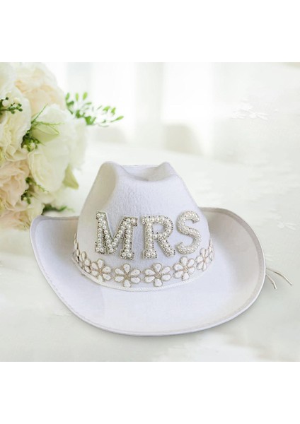 Batı Kadın Kovboy Şapka Beyaz Inci Boncuklu Çiçek Aplike Cowgirl Şapka Mrs (Yurt Dışından) fırsatları