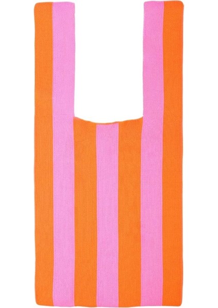 Şerit Desen Yumuşak Örgü Omuz Çantası Alışveriş Tote Bayan Açık El Çantası Pembe Turuncu (Yurt Dışından)