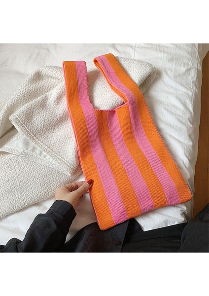 Şerit Desen Yumuşak Örgü Omuz Çantası Alışveriş Tote Bayan Açık El Çantası Pembe Turuncu (Yurt Dışından) fiyatları