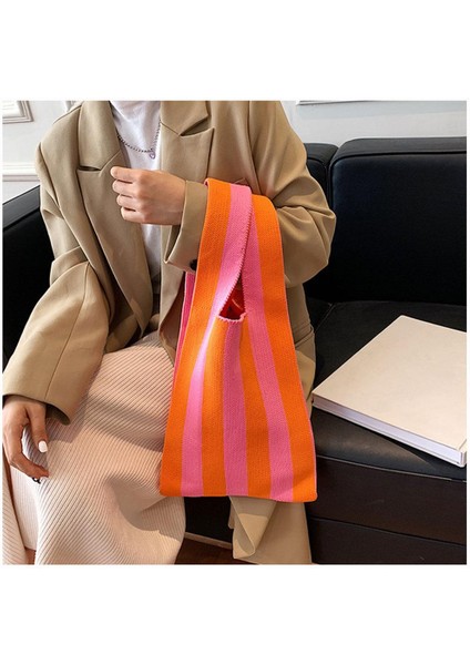 Şerit Desen Yumuşak Örgü Omuz Çantası Alışveriş Tote Bayan Açık El Çantası Pembe Turuncu (Yurt Dışından) modelleri