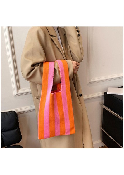 Şerit Desen Yumuşak Örgü Omuz Çantası Alışveriş Tote Bayan Açık El Çantası Pembe Turuncu (Yurt Dışından) fırsatları