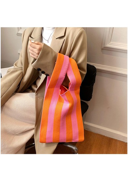 Şerit Desen Yumuşak Örgü Omuz Çantası Alışveriş Tote Bayan Açık El Çantası Pembe Turuncu (Yurt Dışından) indirimleri