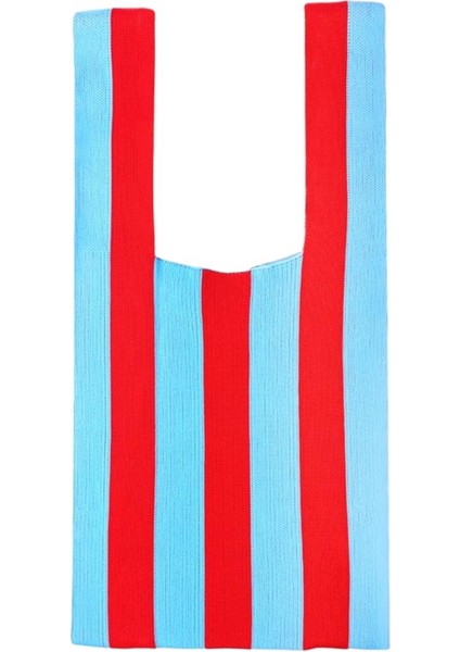 Şerit Desen Yumuşak Örgü Omuz Çantası Alışveriş Tote Bayan Açık El Çantası Kırmızı Açık Mavi (Yurt Dışından)