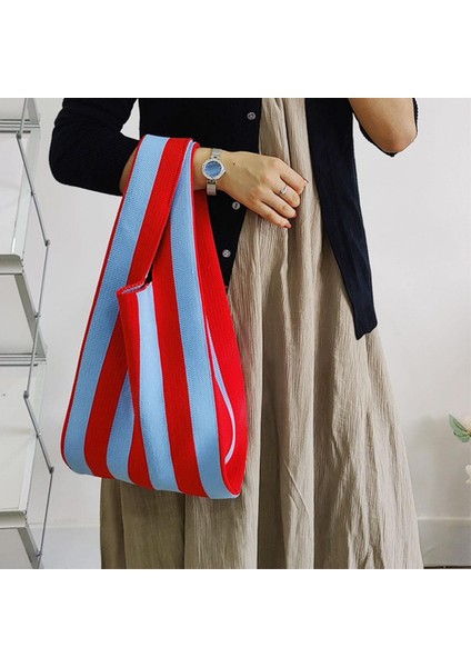 Şerit Desen Yumuşak Örgü Omuz Çantası Alışveriş Tote Bayan Açık El Çantası Kırmızı Açık Mavi (Yurt Dışından) fiyatları