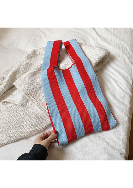 Şerit Desen Yumuşak Örgü Omuz Çantası Alışveriş Tote Bayan Açık El Çantası Kırmızı Açık Mavi (Yurt Dışından) modelleri