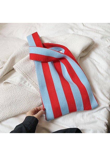 Şerit Desen Yumuşak Örgü Omuz Çantası Alışveriş Tote Bayan Açık El Çantası Kırmızı Açık Mavi (Yurt Dışından) fırsatları