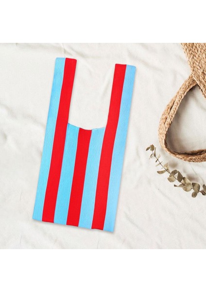 Şerit Desen Yumuşak Örgü Omuz Çantası Alışveriş Tote Bayan Açık El Çantası Kırmızı Açık Mavi (Yurt Dışından) indirimleri